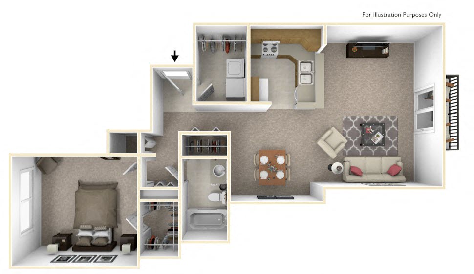 Floor plan for 1 bed, 1 bath, 970 sqft
